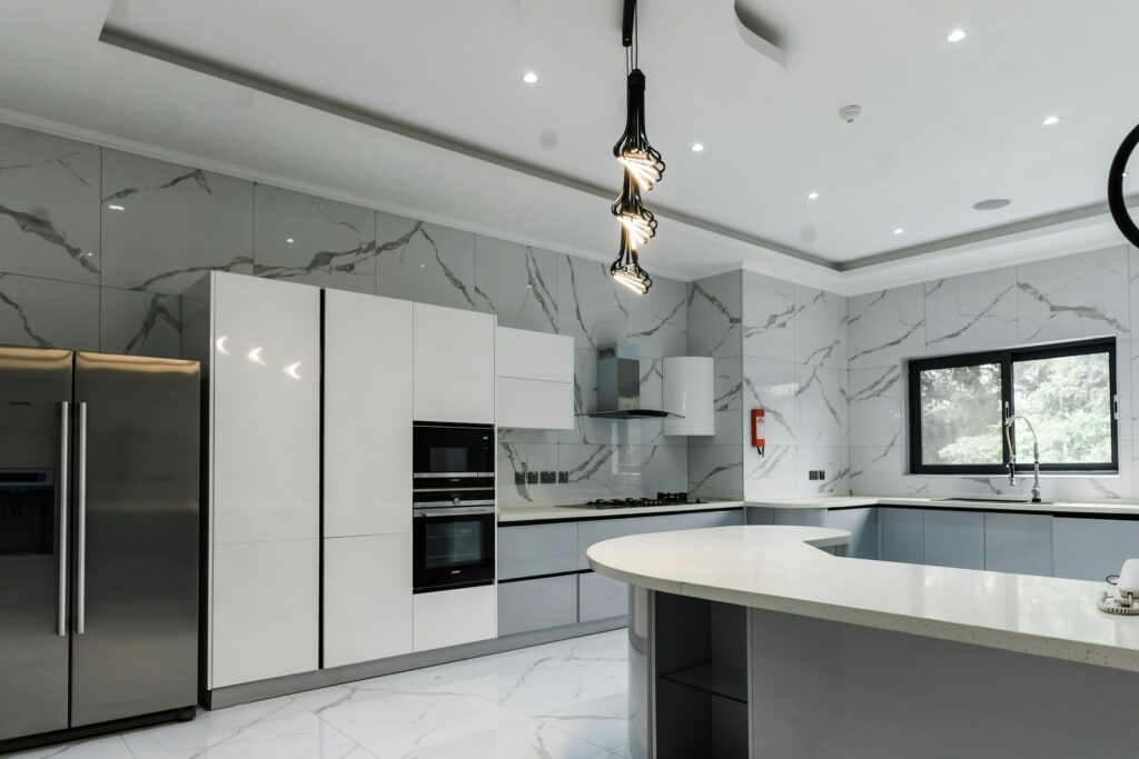 Portland modern kitchen remodel with sleek custom cabinets and integrated appliances