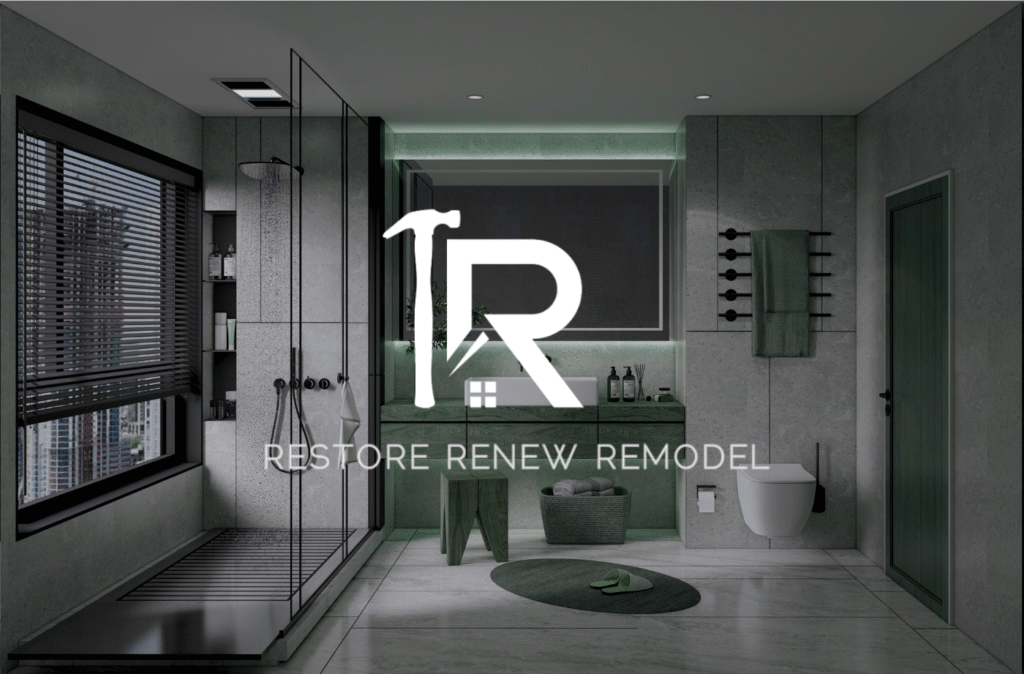 Portland master bathroom remodel with granite tile walls and floors, large walk-in shower, double vanity, and freestanding tub