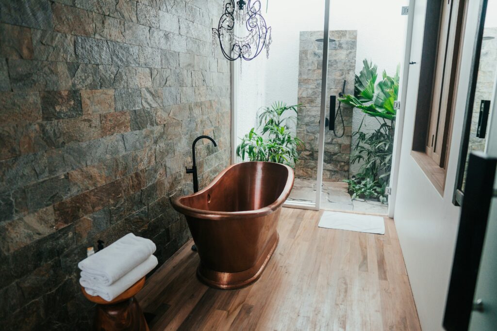 Portland bathroom remodel with freestanding tub, custom shower, new flooring, and tile walls