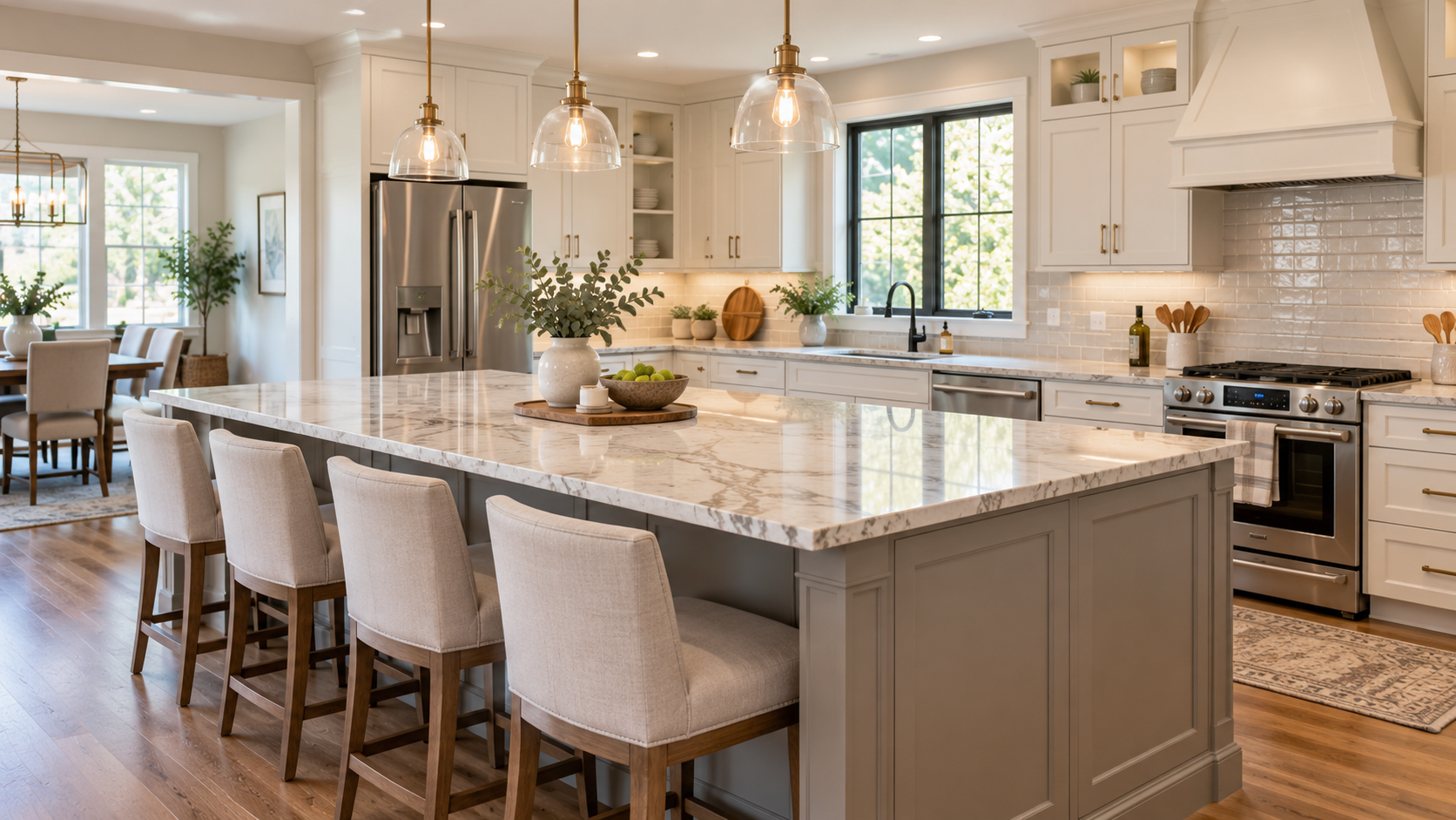 Large custom kitchen island addition with seating, pendant lighting, quartz countertop, and white cabinetry in Portland, Oregon
