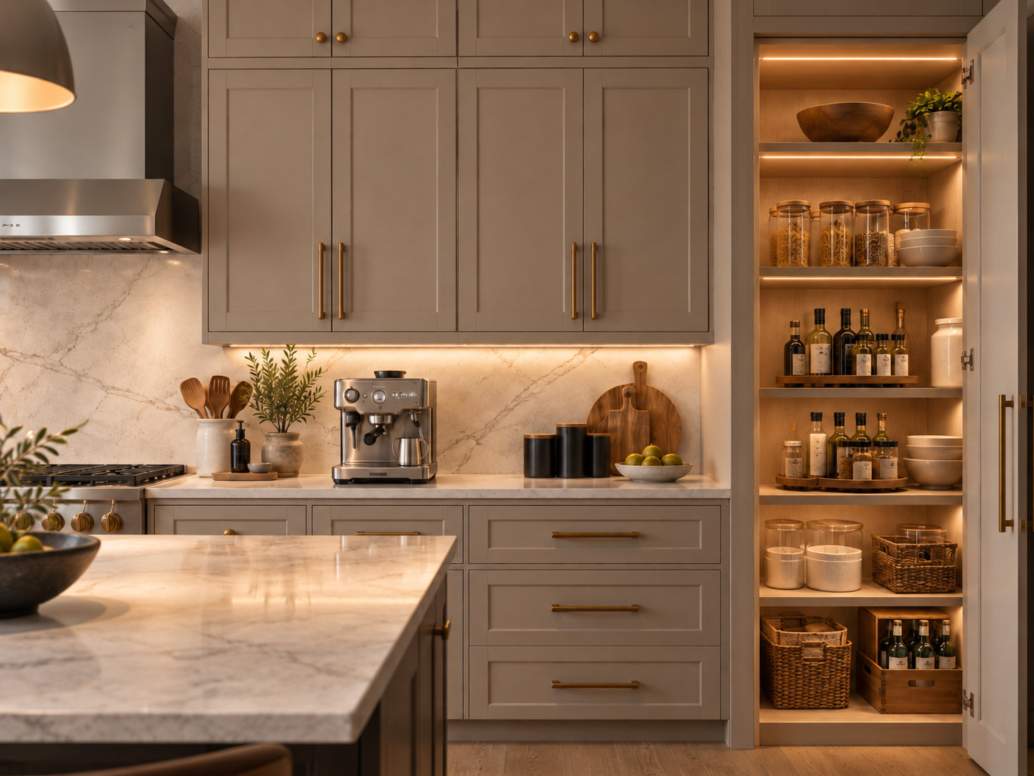 Custom kitchen cabinetry with shaker doors, brass hardware, built-in pantry shelving, quartz countertops, and under-cabinet lighting in Portland, Oregon