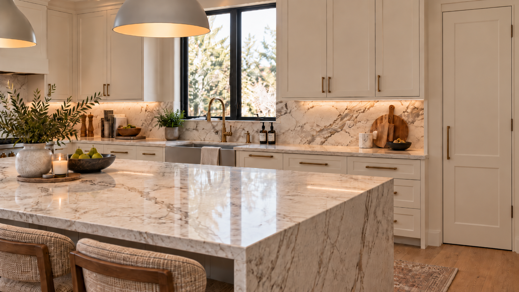 Custom kitchen countertops with dramatic natural stone veining, waterfall island edge, white cabinetry, and brass fixtures in Portland, Oregon