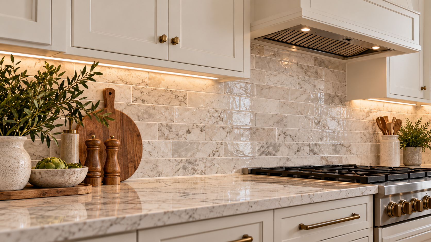 Kitchen backsplash with stone-look tile, quartz countertops, white cabinetry, and under-cabinet lighting in Portland, Oregon