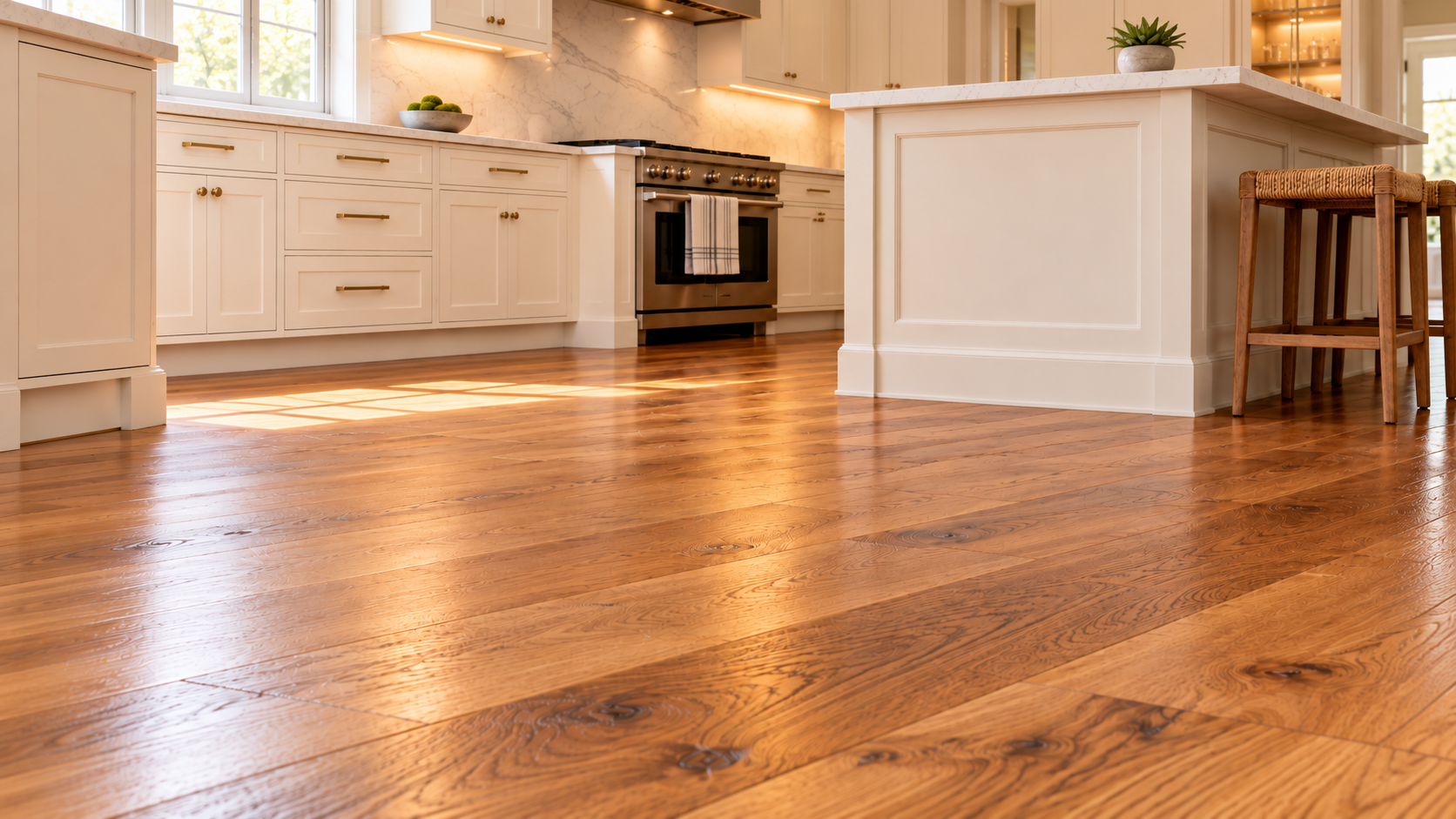 Remodeled kitchen with warm hardwood flooring, white cabinetry, large island, and under-cabinet lighting in Portland, Oregon