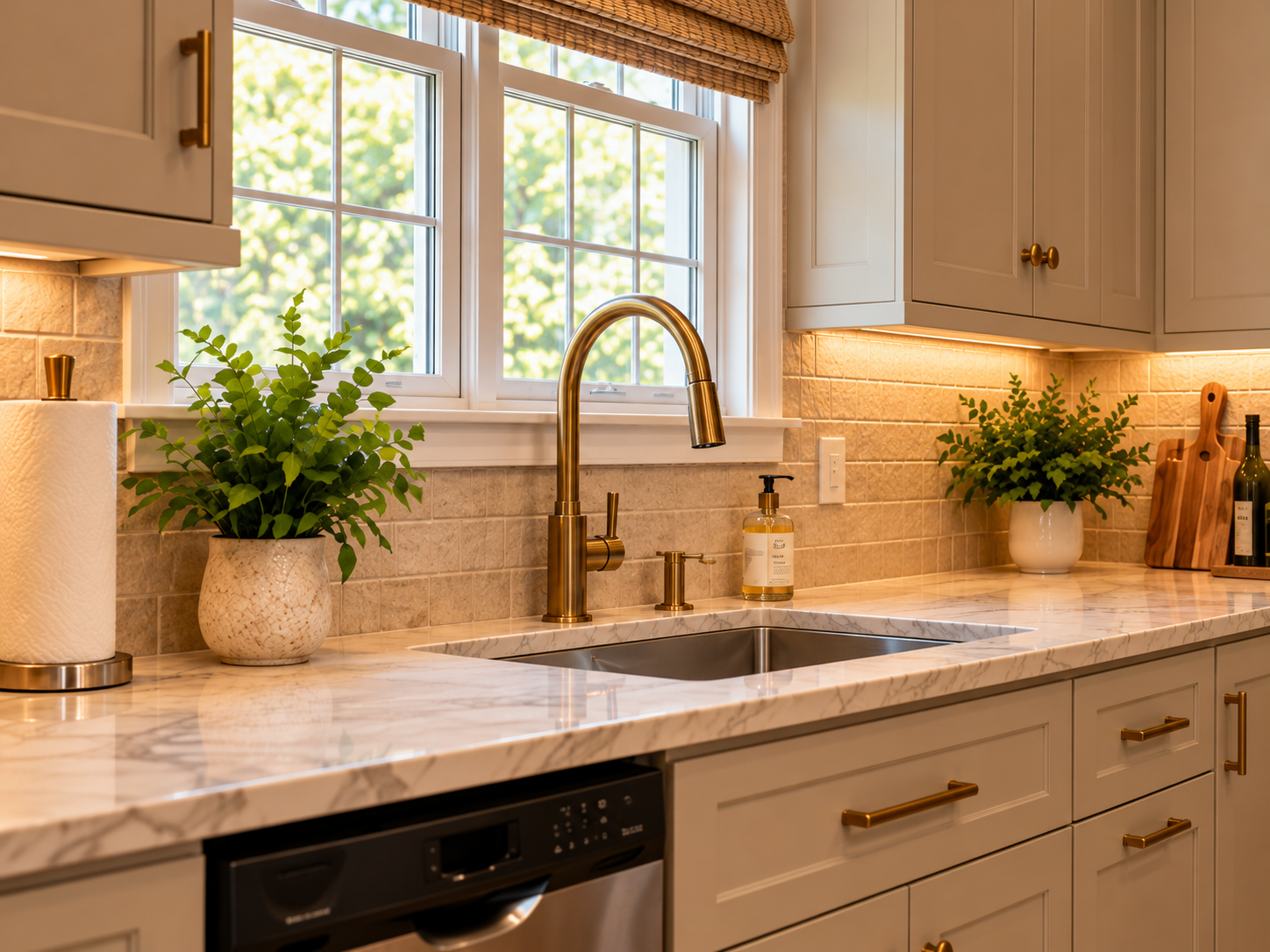 Kitchen remodel detail showing custom cabinetry, modern hardware, quartz countertops, backsplash, and updated fixtures in Portland, Oregon