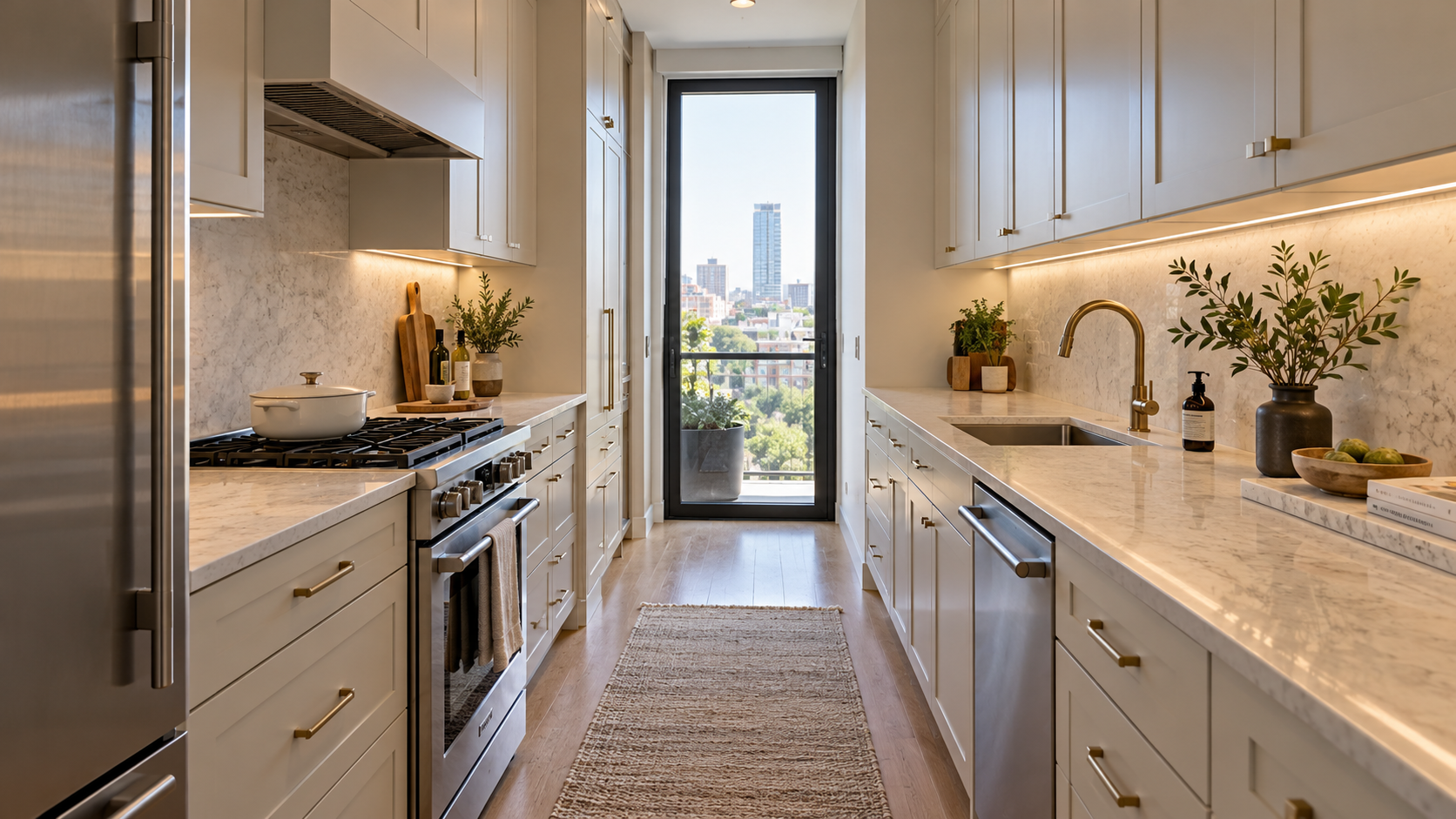 Small galley kitchen remodel with white cabinetry, stone countertops, stainless appliances, under-cabinet lighting, and efficient storage in Portland, Oregon