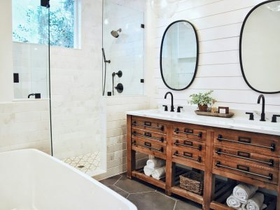 double-vanity-wood-shower-tub-bathroom-portland.jpg Portland bathroom remodel with natural wood double vanity, tile walk-in shower, and tub